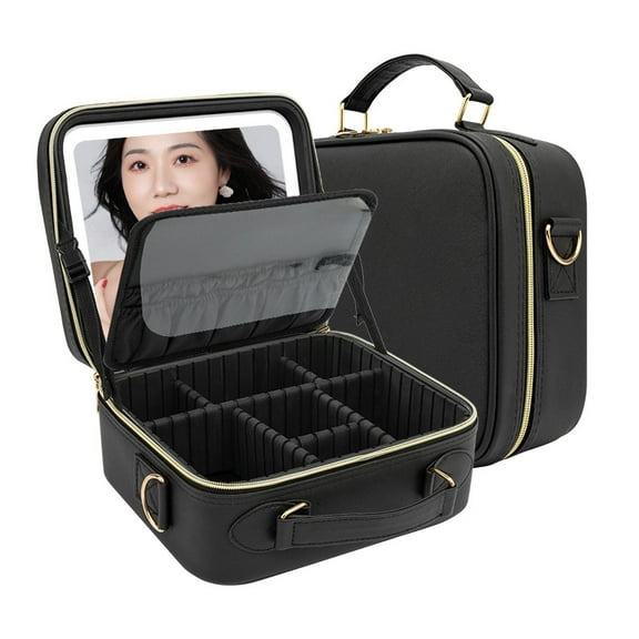 Travel Makeup Bag With 360° rotating LED Mirror,Waterproof cosmetic organizer,Portability Cosmetic case,Makeup organizer,Gift for Women,Girls Gift (Pink),black