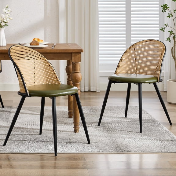 Green Rattan Dining Chair with Faux Leather Cushion