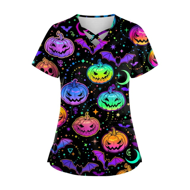 LINMOUA Plus SizePrinted Scrub Working Uniform Tops For Women's Cross V-Neck Halloween Print Short Sleeve Fun T-Shirts Workwear Tee With Pockets