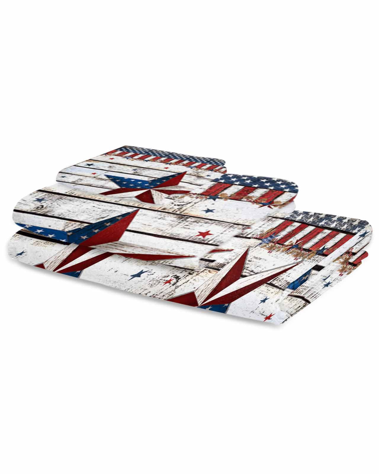 4th of July Star Towel Set of 3, Soft Microfiber Bath Towels, Hand Towel, Washcloths, Independence Day American Flag Quick-Dry Absorbent Towels for Bathroom Kitchen Hotel Beach Gym Spa
