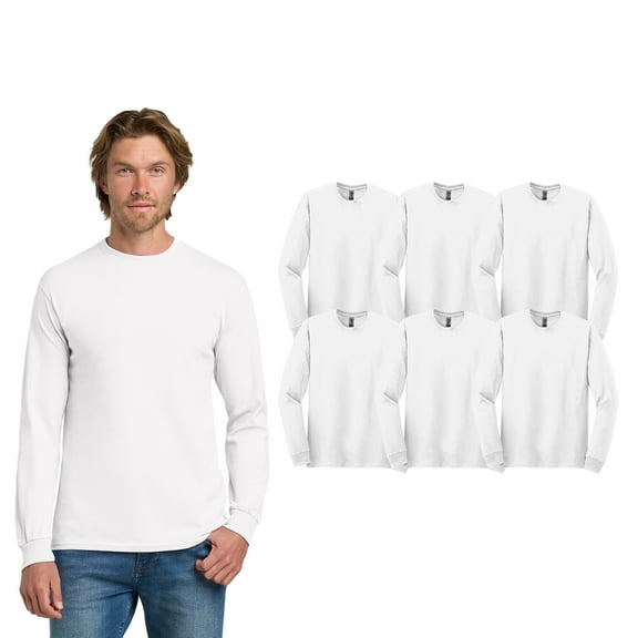 Gildan Men Long Sleeve Crewneck T-Shirt, Heavy Cotton Classic Fit White Tee, 6 Pack, L