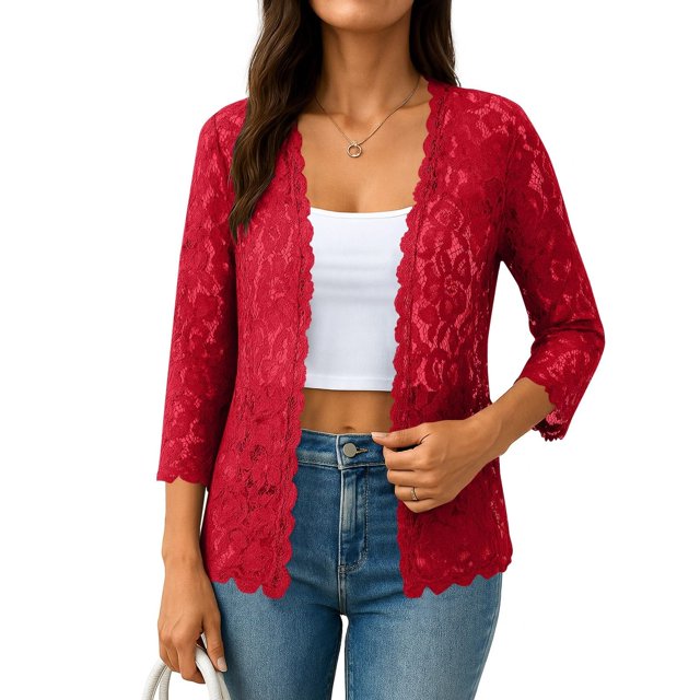 IMENGL Ladies' solid color lace knitted cardigan v neck, Red 2XL, Size M-5XL