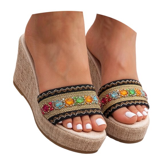 Rokment Ethnic Platform Wedge Slides Sandals for Women Bohemian Beach Casual Leopard Slip on Chunky Heels Open Back Dress Slippers Black Size 5.5