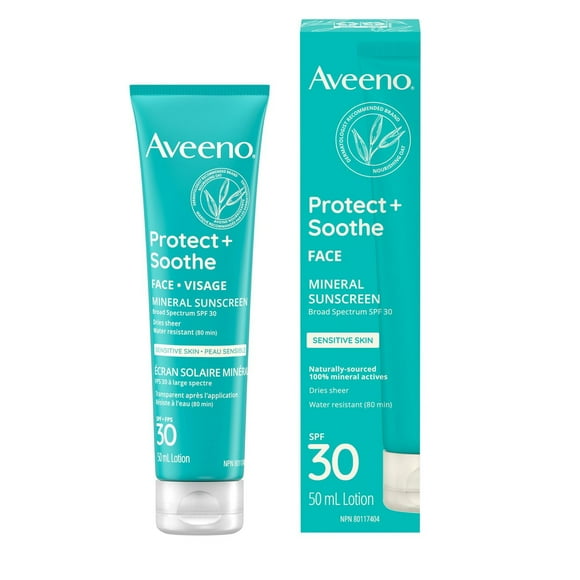 Aveeno Protect + Soothe Face Mineral Sunscreen SPF 30, Ideal for Sensitive Skin, Oat & Mineral Formula, Dries Sheer, UVA/UVB, Face Sunscreen, Fragrance Free, 50 mL