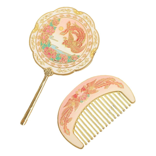 Espejo de mano con espejo para maquillaje, diseño retro, con relieve, portátil, cepillo para el pelo, regalo Estilo A
