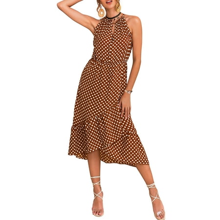 dress dresses polka midi halter irregular hem sleeveless bohemian cocktail dot neck holiday beach