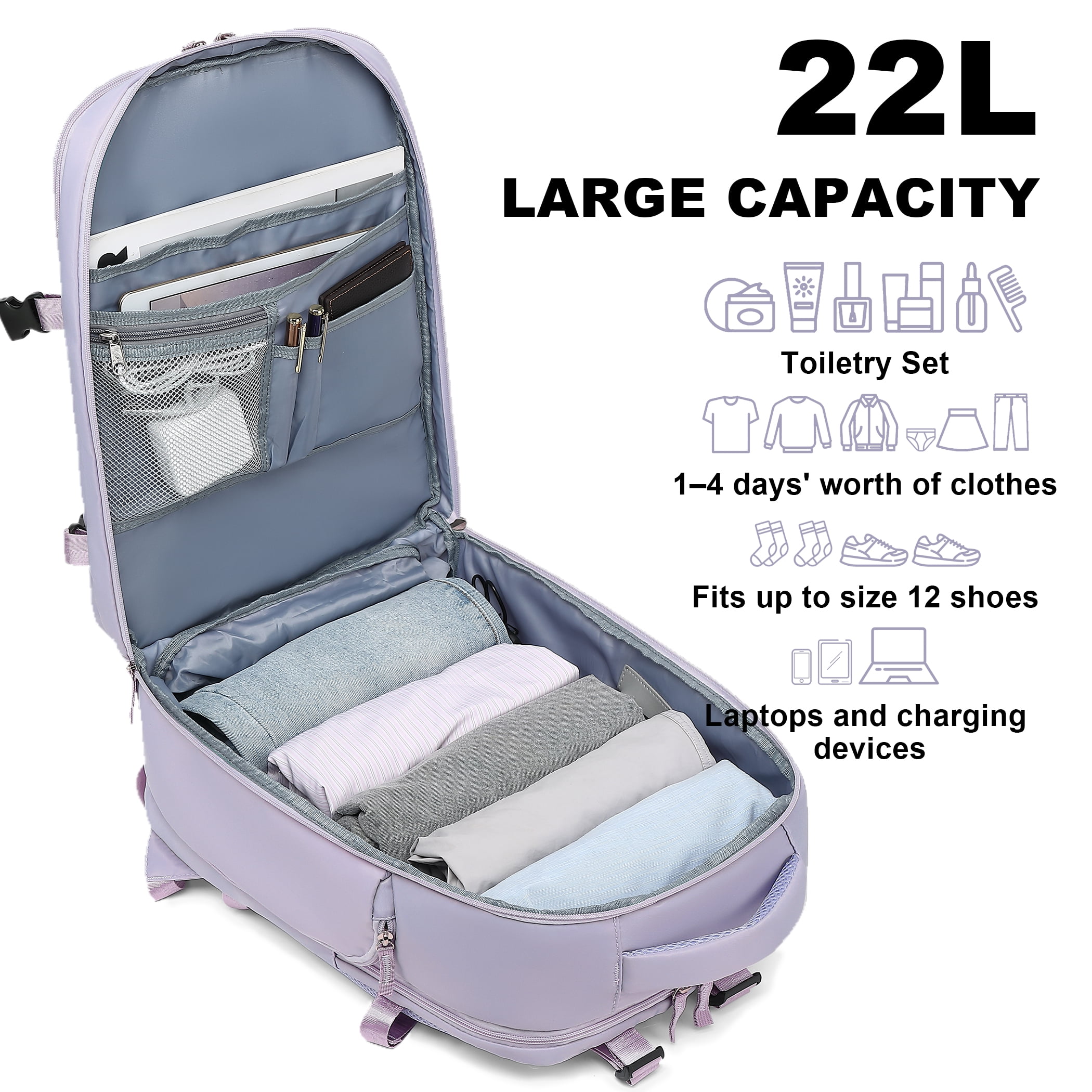 Large Travel Backpack for Women , Carry on Backpack for Outdoor Sports , Waterproof Laptop Bag with USB Port , College Backpack Flight Approved, Purple