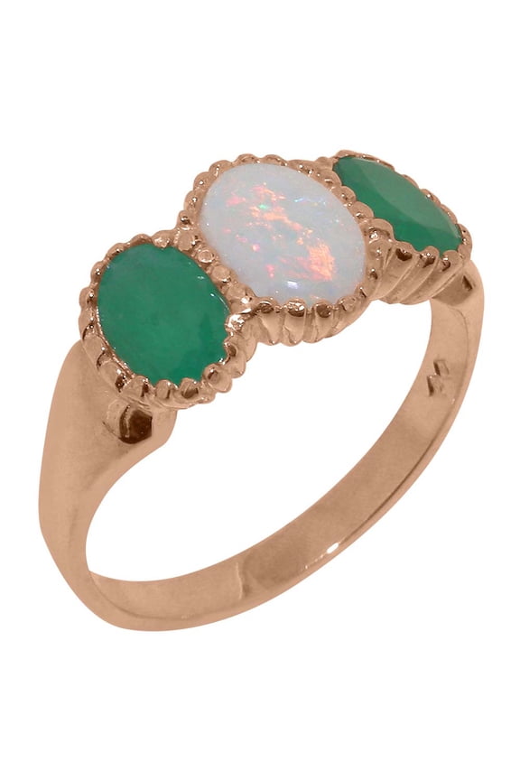 LBG British Made 10k Rose Gold Genuine Natural Opal & Emerald Womens Statement Ring - 33 size options - Size 5.5