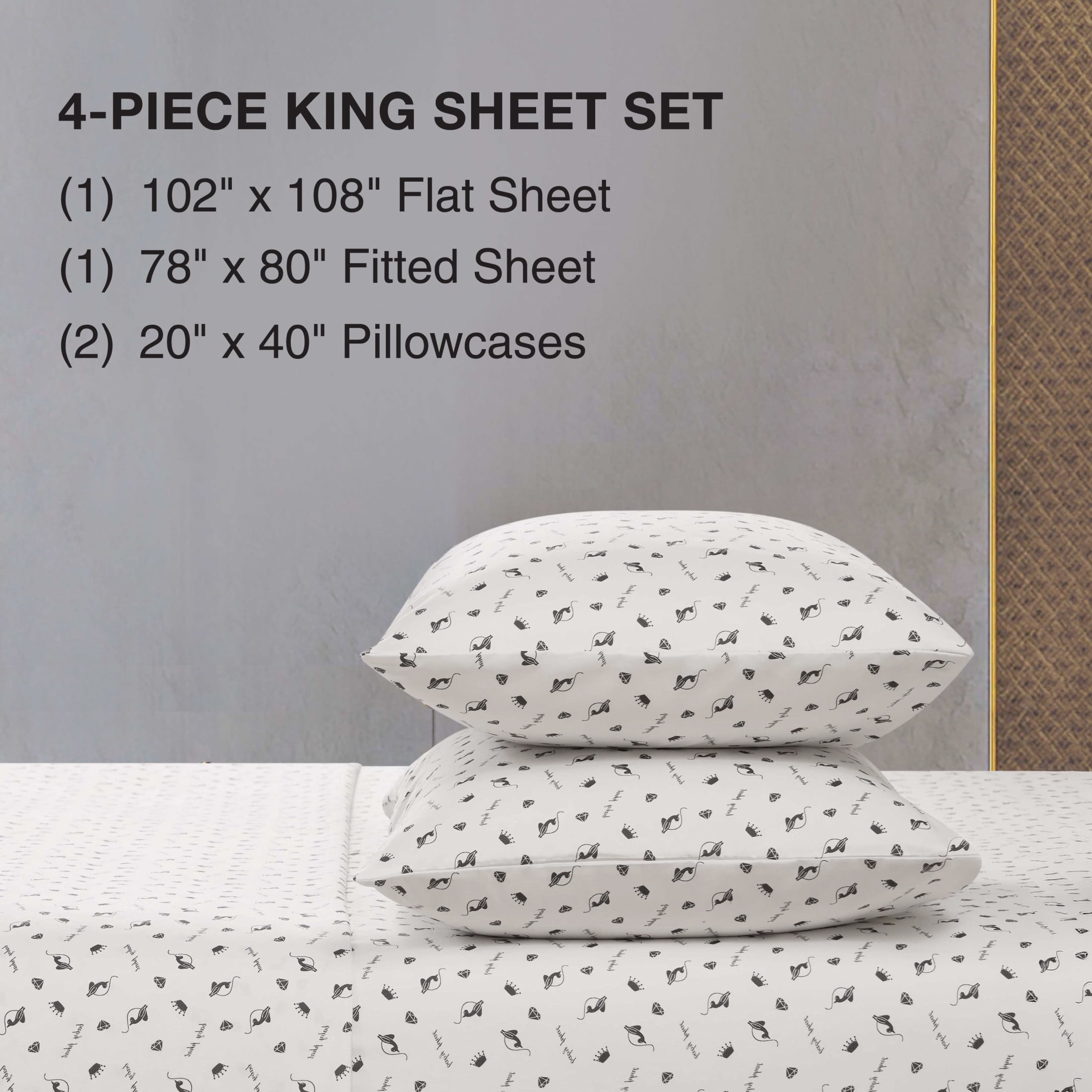 Baby Phat Printed Microfiber Sheet Sets, 4-Piece King, White