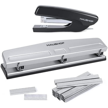 HAUSHOF Desktop Stapler and 3-Hole Punch Set with 5000-Piece Staples and Staple Remover, Office Supplies Compatible with 26/6 and 24/6 Staples