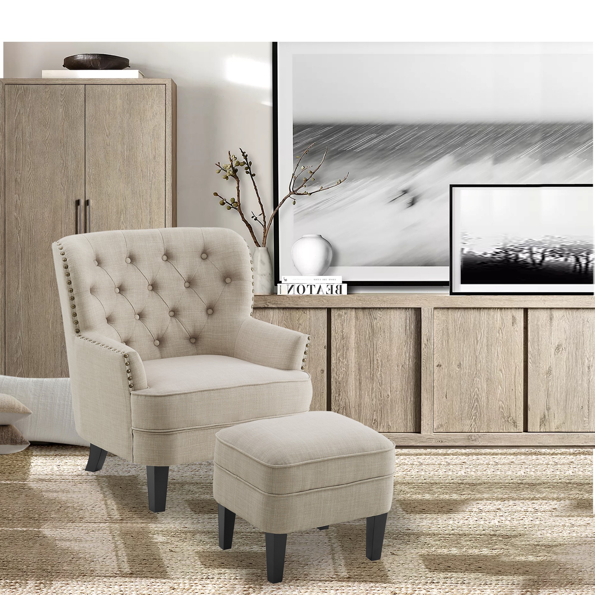 Gewnee Beige 30-Inch Armchair with 20-Inch Ottoman Style - Solid Rubberwood Legs, Breathable Linen Fabric, Suitable for Living Room & Balcony
