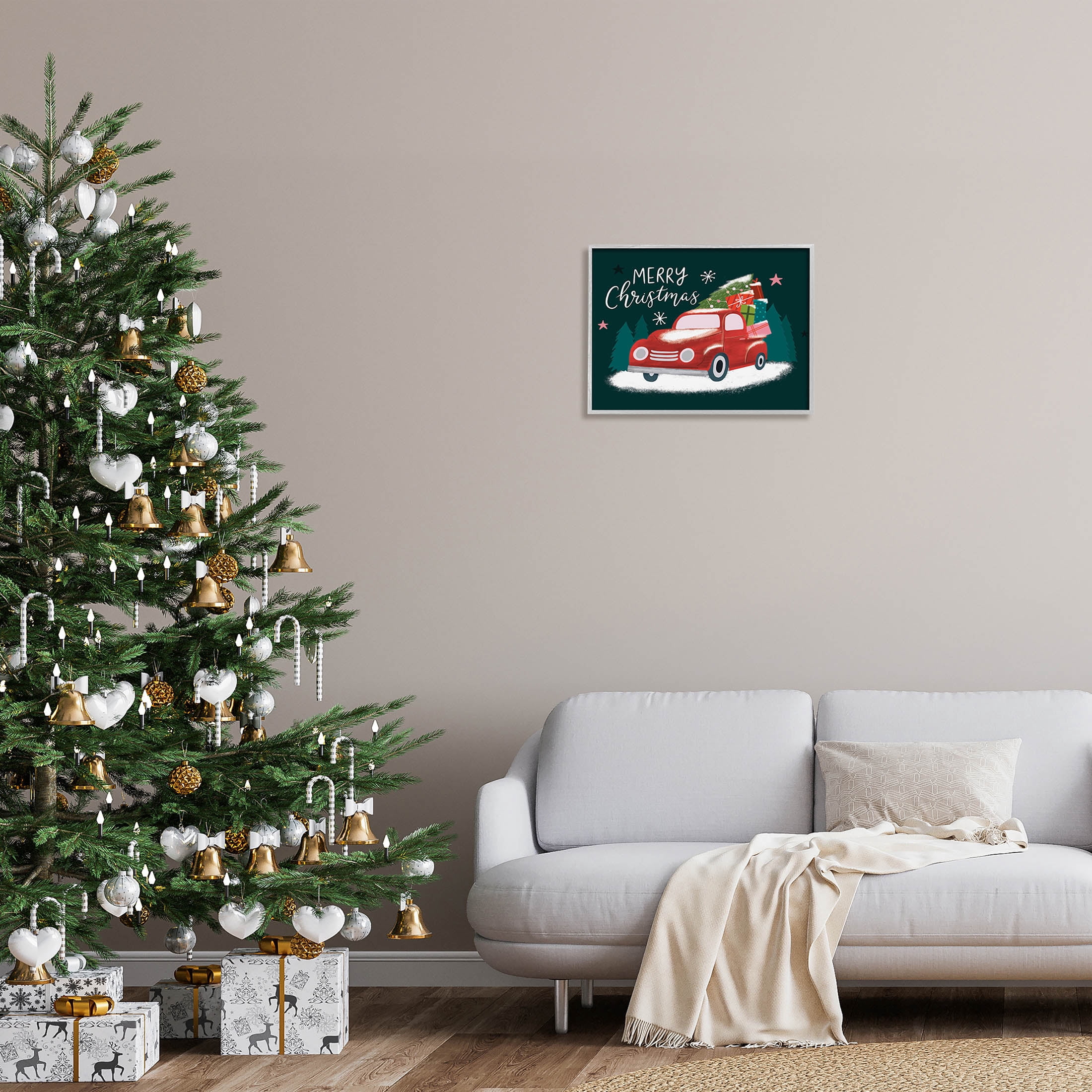 Merry Christmas Gifts Truckload Holiday Graphic Art Gray Framed Art Print Wall Art