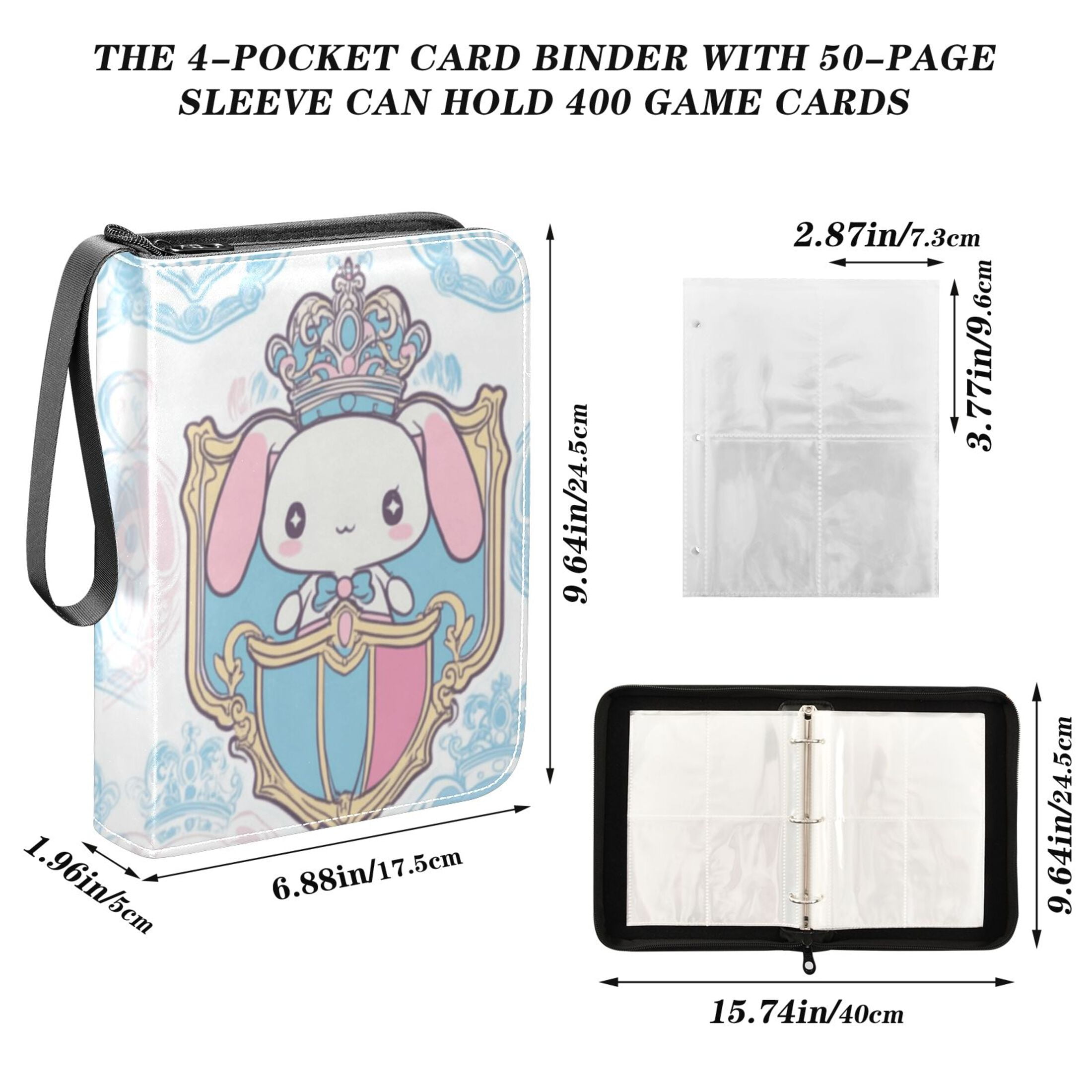Trading Card Binder Album 400 Pockets 50 Removable 4-Pocket Pages Waterproof Cinnamoroll with Crown and Shield Trading Card Binder Album 400 Pockets 50 Removable 4-Pocket Pages Waterproof Cinnamoroll with Crown and Shield