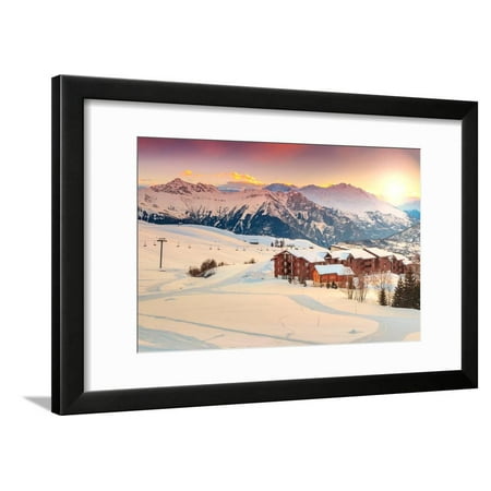 Majestic Winter Sunrise Landscape and Ski Resort in French Alps,La Toussuire,France,Europe Framed Print Wall Art By Gaspar (Best Winter Resorts In Europe)