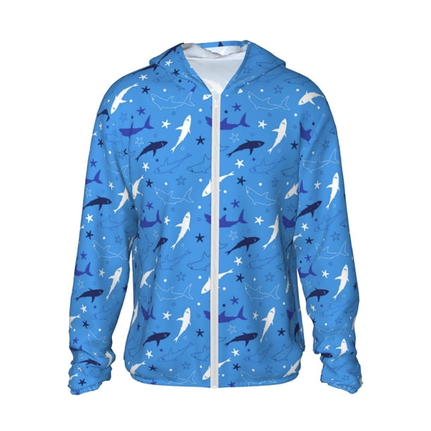 Balery Party Shark Cute Sudadera ligera de manga larga con capucha y protección solar UPF 50+ para hombre y mujer, ideal para pesca y running-Large
