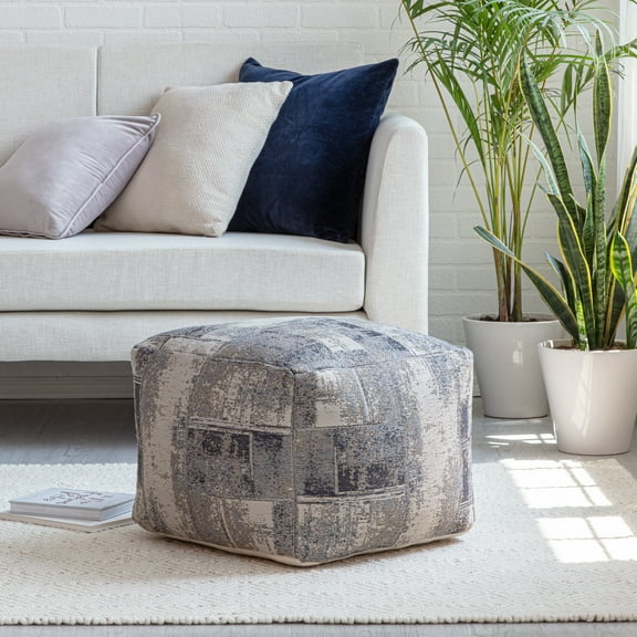 Anji Mountain Ivory Off-White Jacquard Woven Polyester Square Poufs