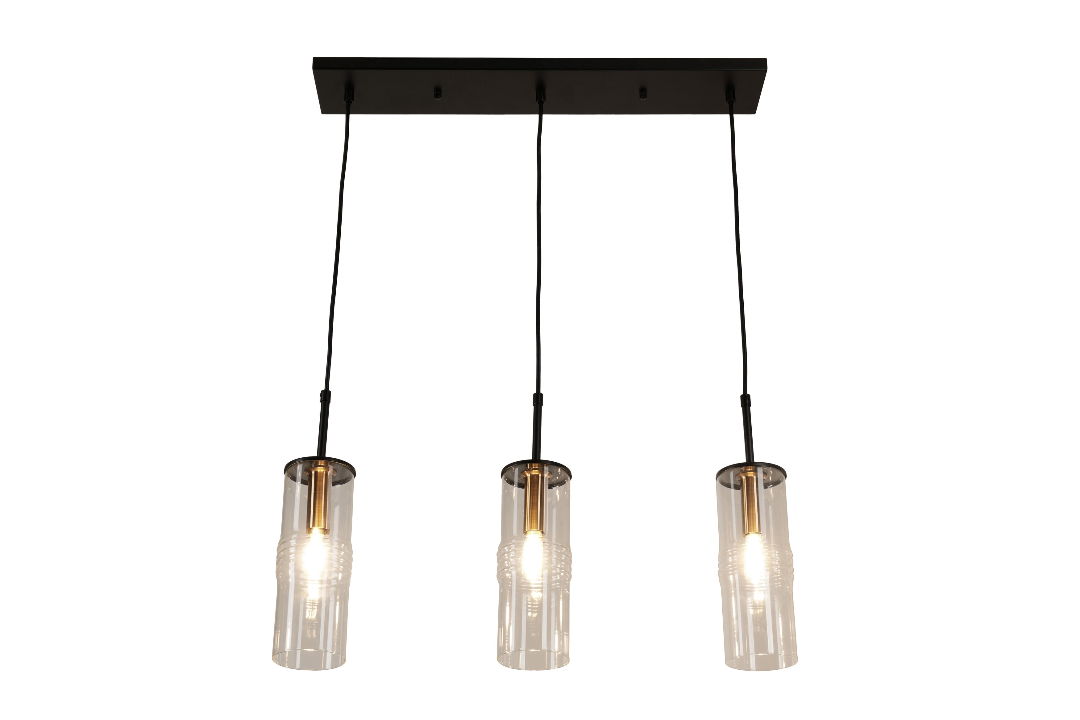 Kenroy Home Caulford 3-Light Adjustable Height Kitchen Island Light Fixture with Clear Glass Cylinder Shade for Kitchen Island, Dinning Room, Bedroom, Foyer, or Entryway, Black