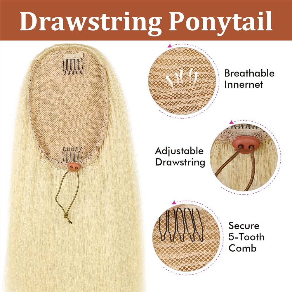Straight Ponytail Extensions #613 Bleach Blonde Drawsting Ponytail Hair Extensions 16-26 Inch Long Brazilian Remy Hair Ponytail Clip in Hairpiece