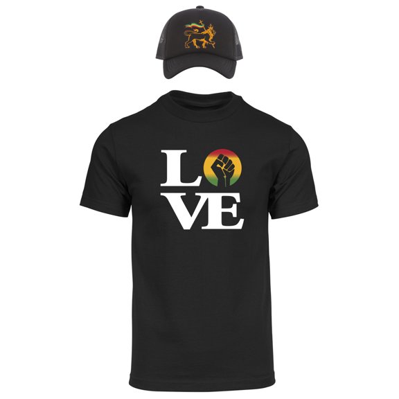 Gravity Threads Rasta Love Raised Fist Trucker Cap and Short-Sleeve T-Shirt - Black - Medium