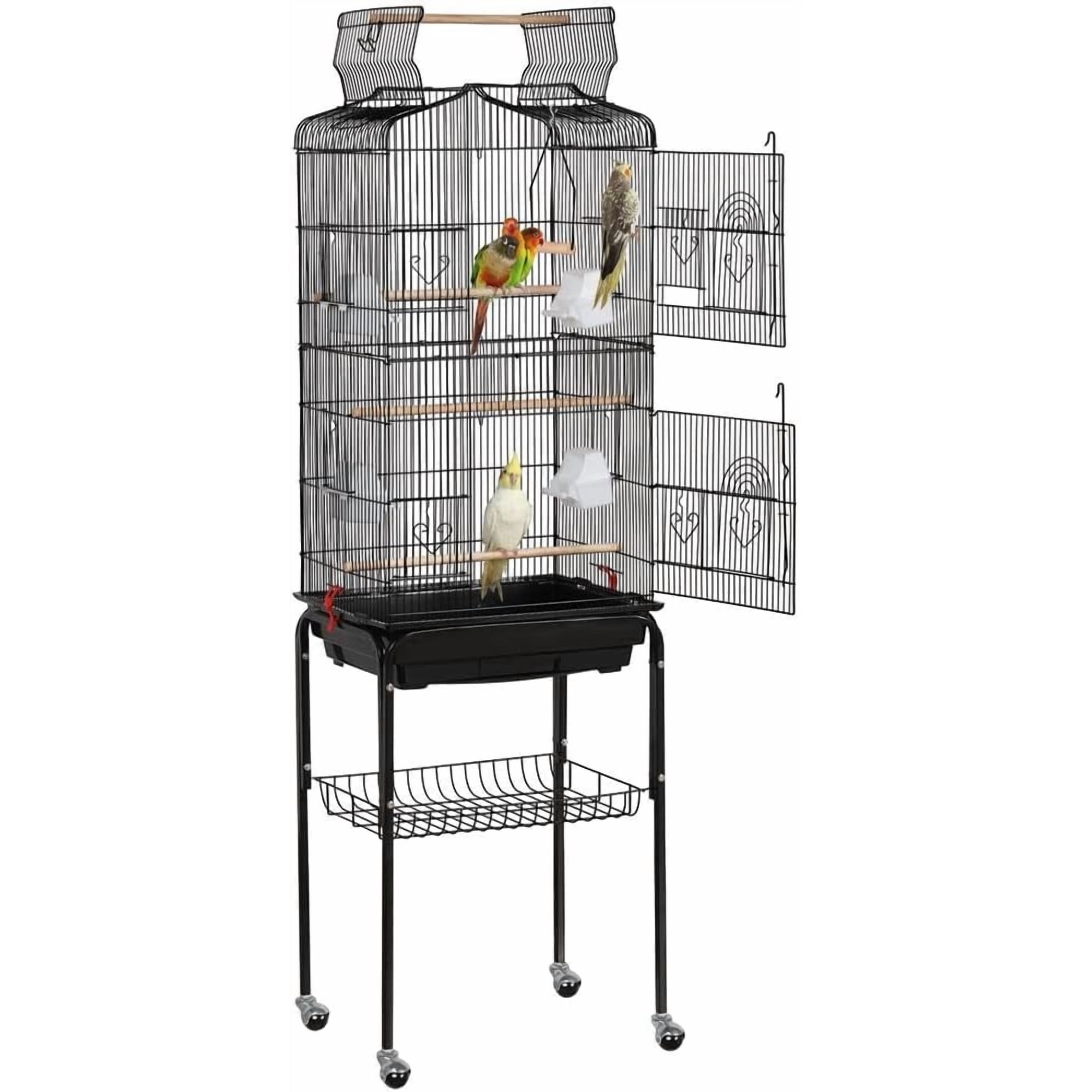 64'' Bird Cage, Open Top Parakeet Cage w/Slide-Out Tray, Feeders, Detachable Rolling Stand, Bird Cages for Parrot, Cockatiel, Budgie, Parakeets, Lovebird, Small Medium Birds