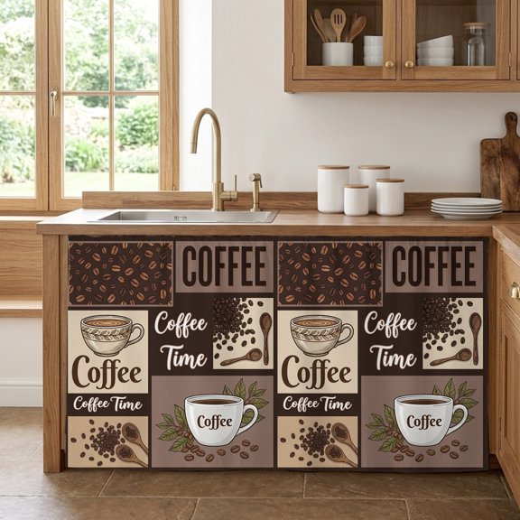 Coffee Time Cabinet Curtains for Kitchen 28"W x 51"L, Retro Coffee Beans Dark Brown Patchwork Under Sink Skirt Magic Tape Short Curtain Decorative Privacy Panel for Pantry Cabinet Opening