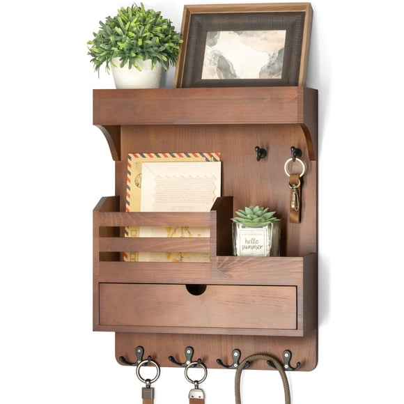 Rebee Vision Porte-Clés Mural de Style Ferme avec Organiseur de Tiroir & Organiseur de Courrier et Clés en Bois de Pin pour Mur avec 6 Structures