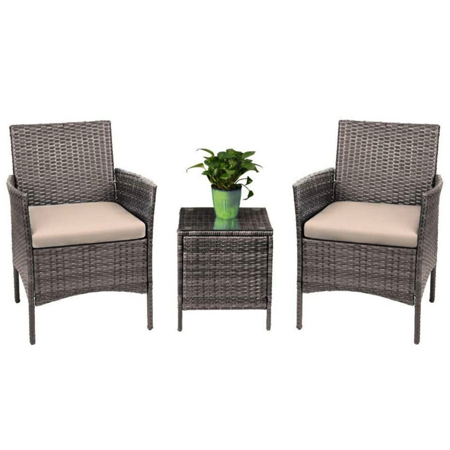 Canaan 3 Piece Patio Rattan Furniture Set – 2 Relaxing Cushion Chairs With a Cafe Table - Beige - image 1 of 10