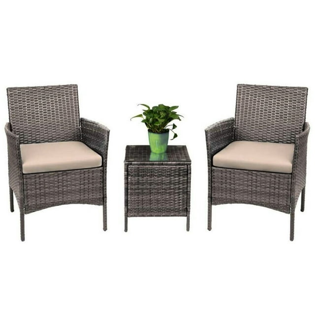 Canaan 3 Piece Patio Rattan Furniture Set – 2 Relaxing Cushion Chairs With a Cafe Table - Beige