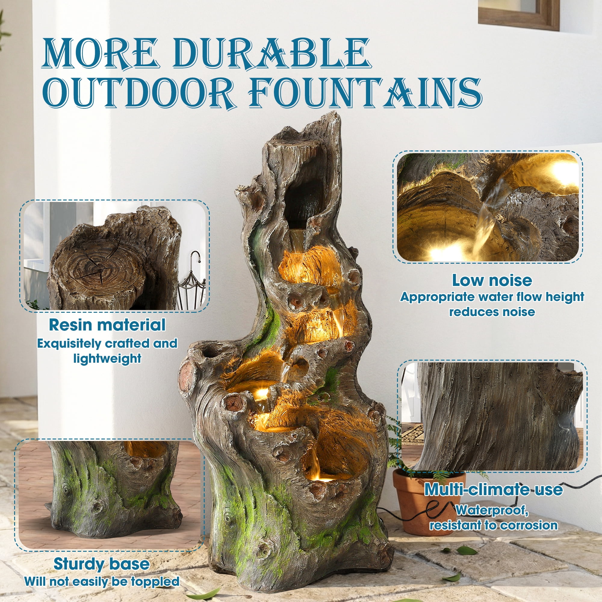 Haverchair 40''H Cascading Rock Water Fountain, 6-Tier Outdoor Garden Waterfall with Flower Pot & Lights, Indoor Water Feature Tree Trunk Look Decor for Garden, Patio, Backyard, Porch Home Art Decor