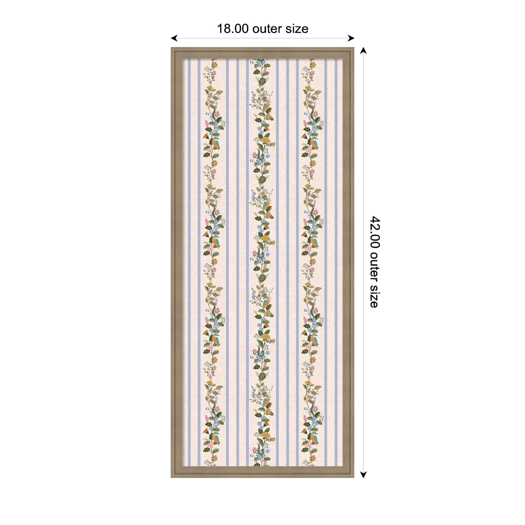 Kate and Laurel Framed Fabric Pinboard 18 x 42, MC Striped Botanical Birds Singing Printed Linen Casual Transitional Bulletin Board for Vision Board or Wall Organization, Florence Light Brown