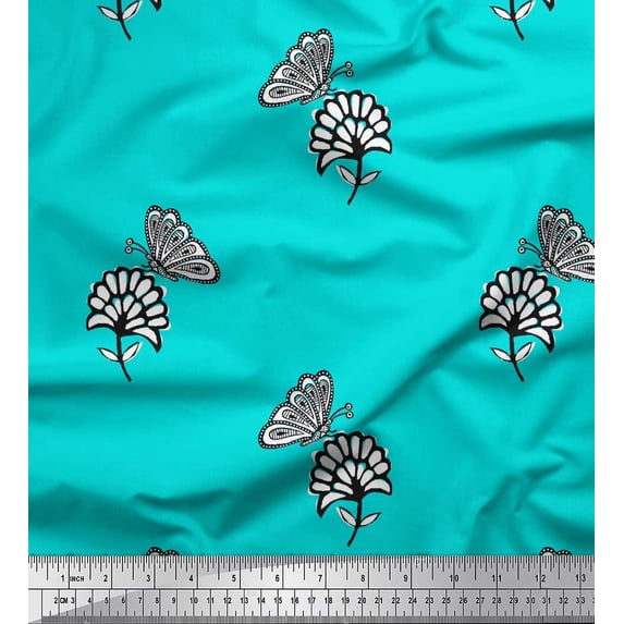 Soimoi Blue Poly Georgette Fabric Floral & Insect Print Fabric by The Yard 52 Inch Wide