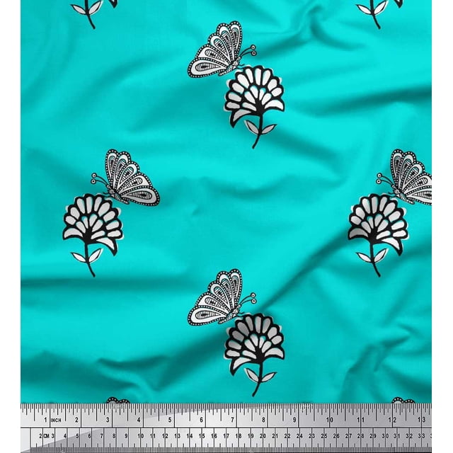 Soimoi Blue Polyester Crepe Fabric Floral & Insect Print Sewing Fabric BTY 52 Inch Wide