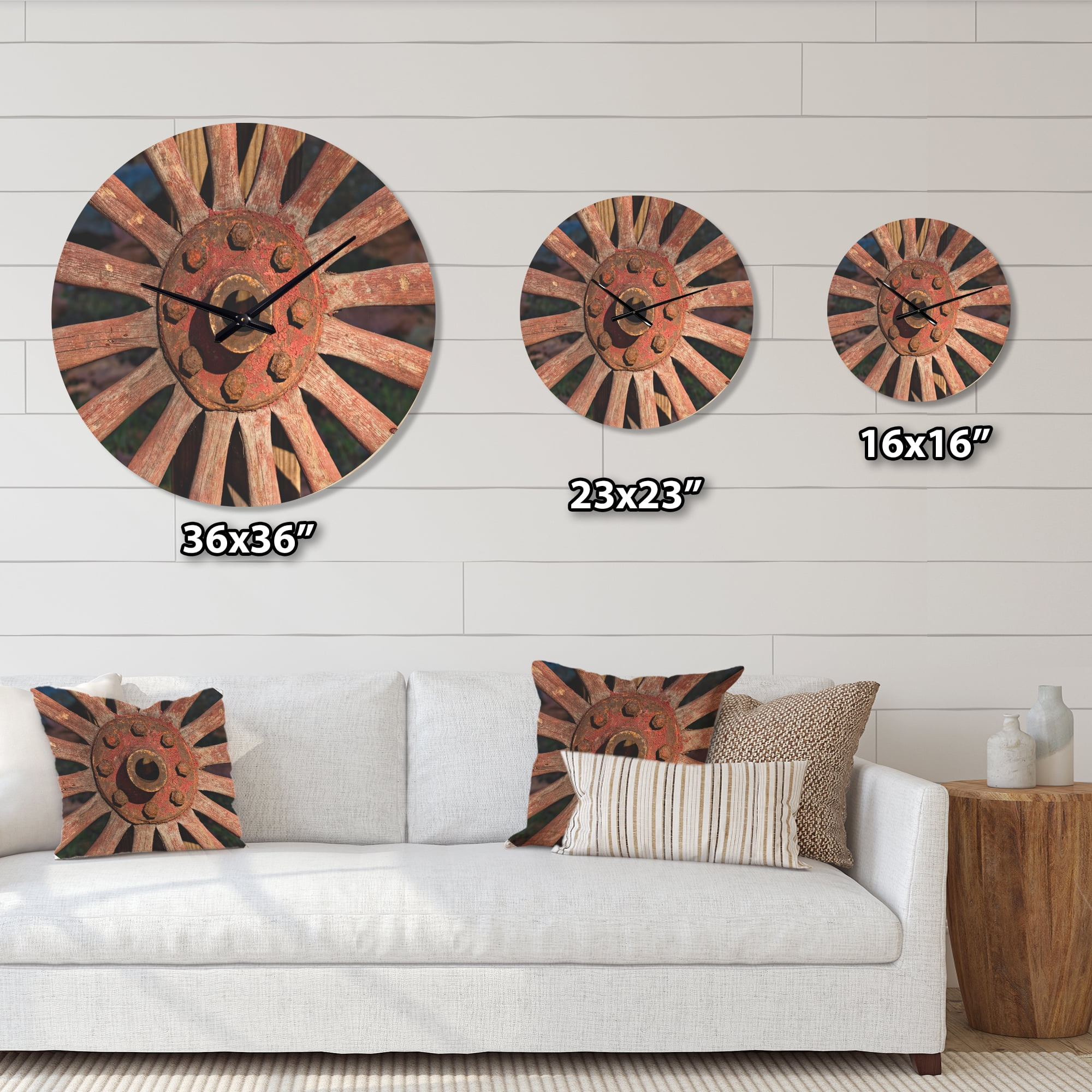 Designart 'Vintage Red Metal Country Wagon Wheel ' Farmhouse Wood Wall Clock