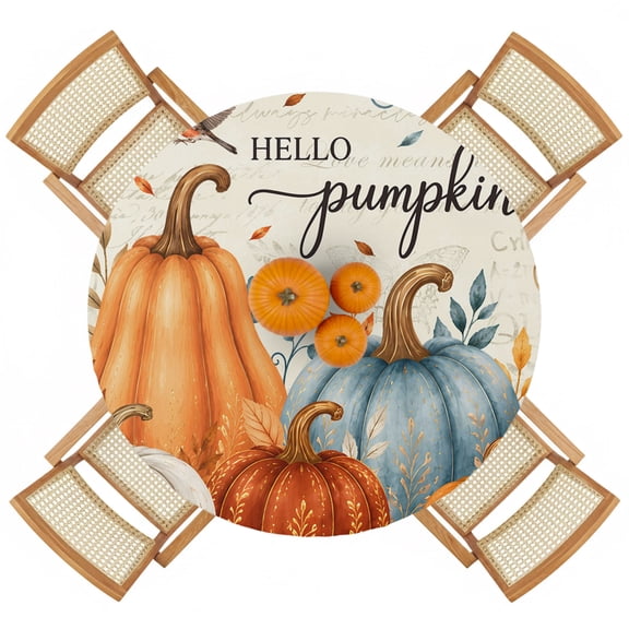 Fall Thanksgiving Watercolor Pumpkin Round Fitted Tablecloth with Elastic Edge,Waterproof Table Cloth Fits 36"-44" Tables,Wipeable Table Cover for Indoor Outdoor Dinning Party,Farm Bird Leaves Plant
