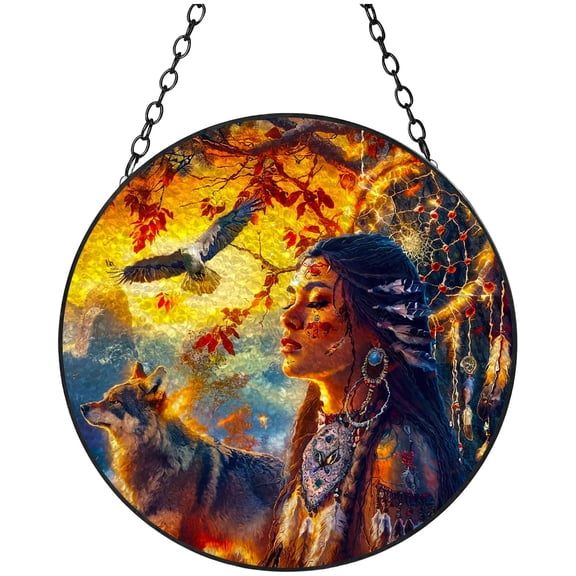 American Native Indian Woman Wolf Eagle Stained Glass Suncatcher Handmade Window Hanging Colored Glass Suncatcher Crafts Kits for Indoor Garden Decor Memorial Gift 16x16cm(2)