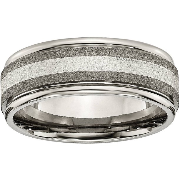 Primal Steel Titanium Polished /Stone Finish Center Grooved Edge Sterling Inlay Band Walmart