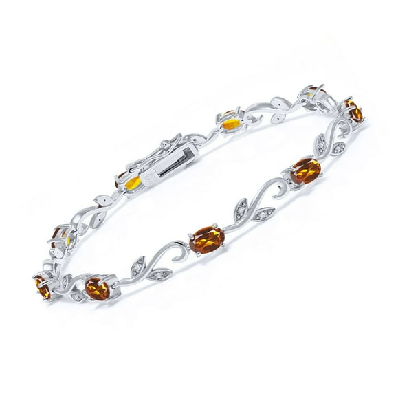 Gem Stone King 3.73 Cttw Orange Red Madeira Citrine and Diamond Greek Vine Tennis Bracelet for Women | 925 Sterling Silver | Gemstone Birthstone | Oval 6X4MM | 7 inch