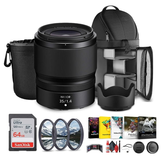 Nikon NIKKOR Z 35mm f/1.4 Prime Lens Autofocus Bundle Backpack Software 64GB Card Filter Kit Tripod Cleaning Kit (International Model)
