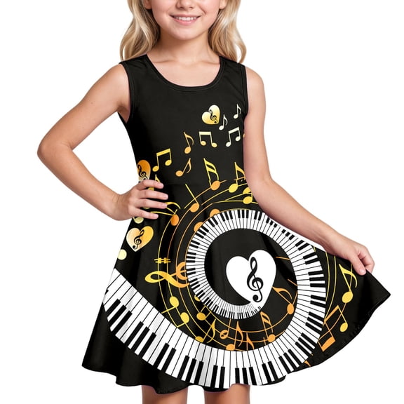 Lkhaha Girls Piano & Music Note Print Dress Sleeveless A-Line Summer Casual Dresses Black L