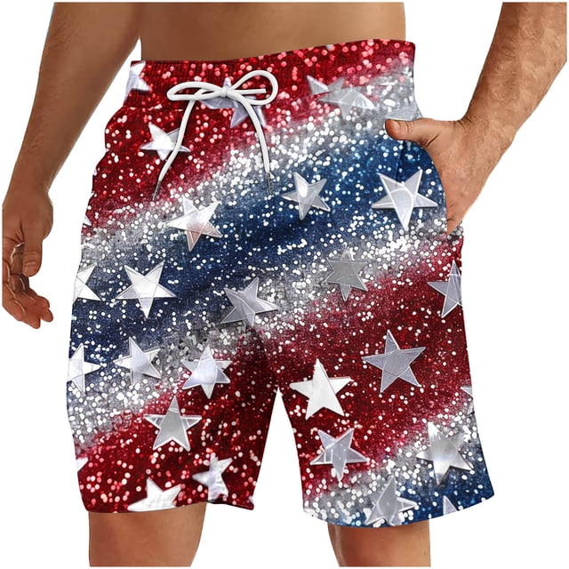 Pantalones Cortos Deportivos para Hombre, Pantalones Cortos de Playa con Cordón Impreso para el Día de la Independencia con Bolsillo Hechos de 95% Poliéster 5% Spandex, Pantalones Cortos Deportivos Pa