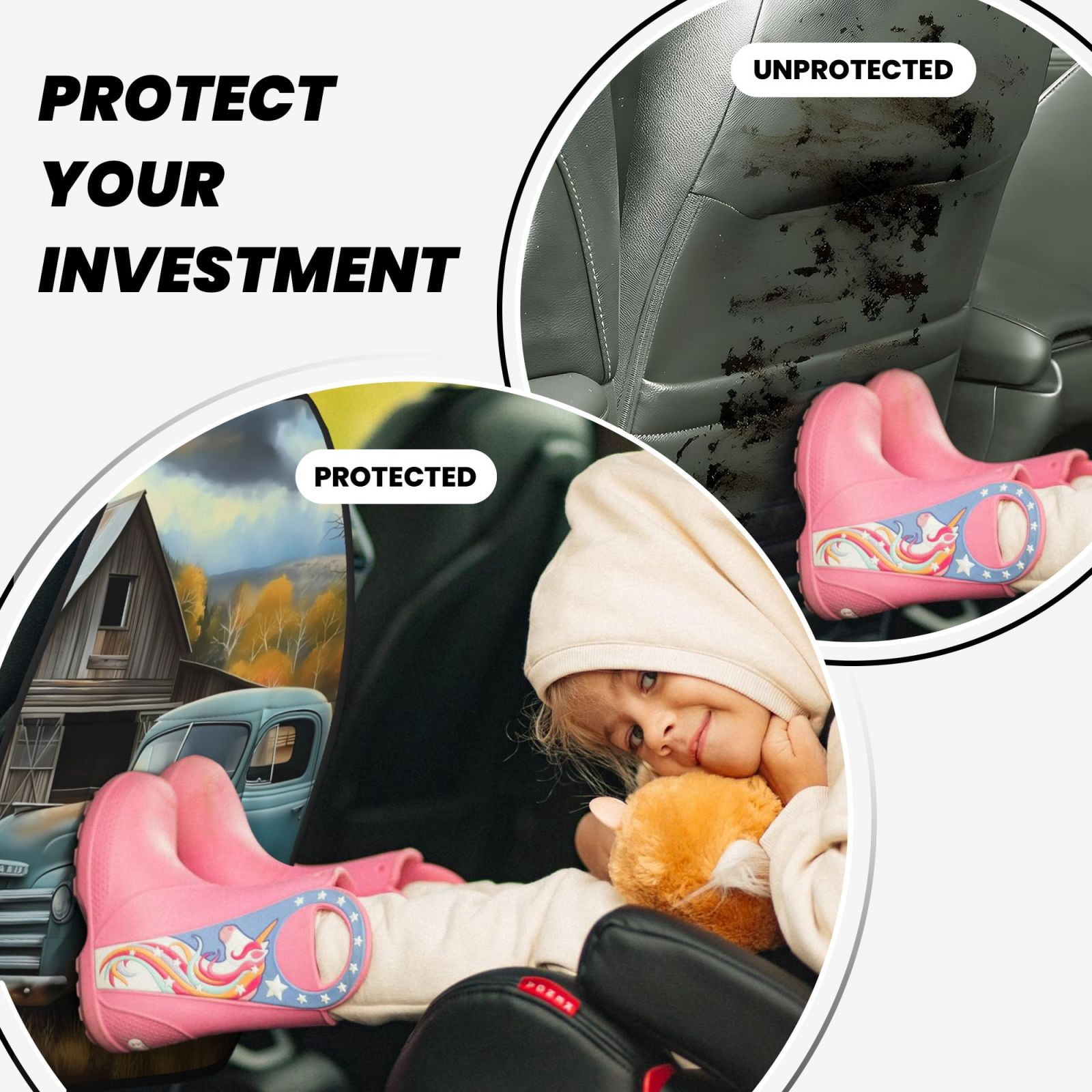 Kdxio Vintage Truck Farm Scene Print 2 Pack Car Kick Mat Seat Cover Back Protector Mat with Pockets for Organizer Backseat Protector and Storage Anti Kick Pad for Vehicles