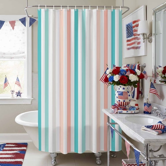 Modern Geometric Stripe Shower Curtain for Bathroom, Aqua Gray Coral Line Waterproof Shower Curtains Washable Quick Dry with Hooks Bathtub Curtains 72x84IN