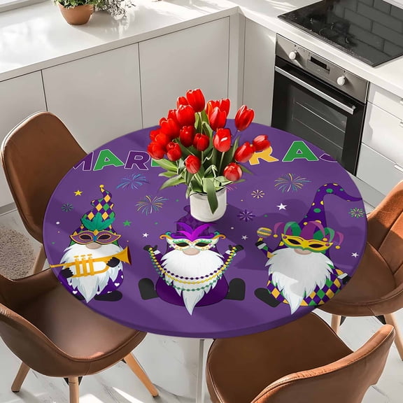 Purple Carnival Cute Gnomes Round Fitted Tablecloth with Elastic Edge,Waterproof Table Cloth Fits Tables Up to 36"-44",Wipeable Washable Table Cover for Indoor Outdoor Dinning Party,Mardi Gras
