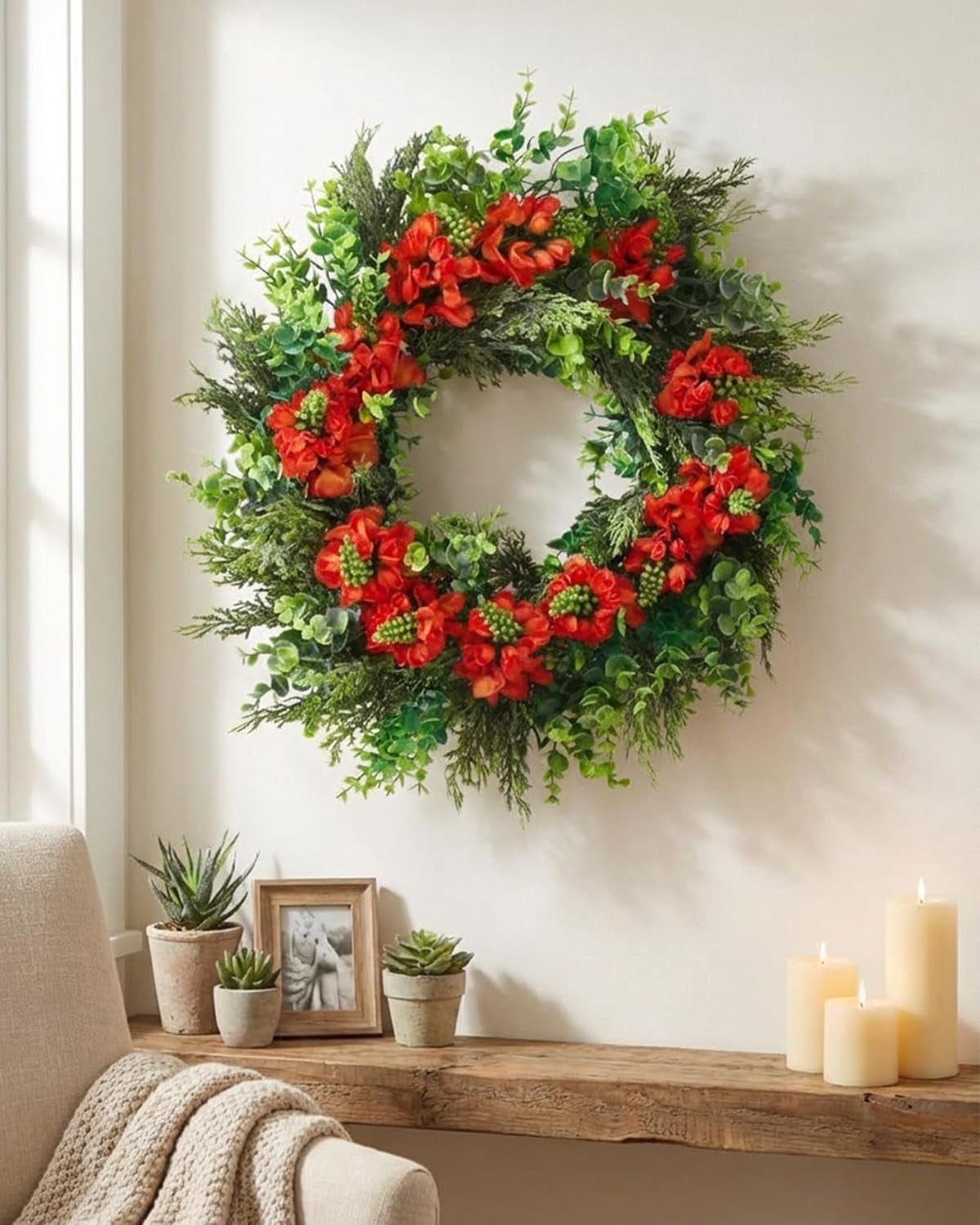 20 Inch Spring Summer Wreaths for Front Door, Artificial Flowers Violet Silk Floral Wreaths with Fake Plants Green Eucalyptus Leaves for Outdoors Farmhouse Wall Wedding Porch Home Decor