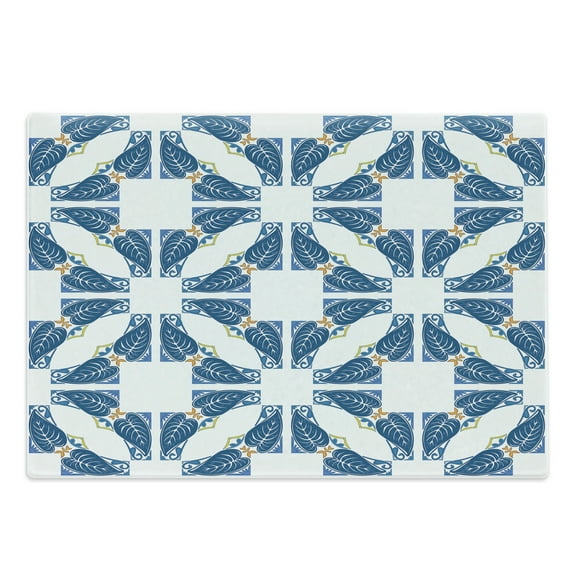 Blue and White Cutting Board, Portuguese Pavement Design Azulejo Mosaic with Diagonal Square and Shapes, Decorative Tempered Glass Cutting and Serving Board, Large Size, Blue White, by Ambesonne