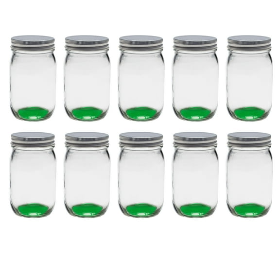 Mason Jars with Lids 16 oz. Set of 10, Bulk Pack - Glass Jars for Overnight Oats, Candies, Fruits, Pickles, Spices, Beverages - Green