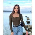 thumbnail image 2 of Women's 2 Piece Bodysuits Sexy Ribbed One Piece Long Sleeve Button Square Neck Tops Bodysuits, 2 of 3