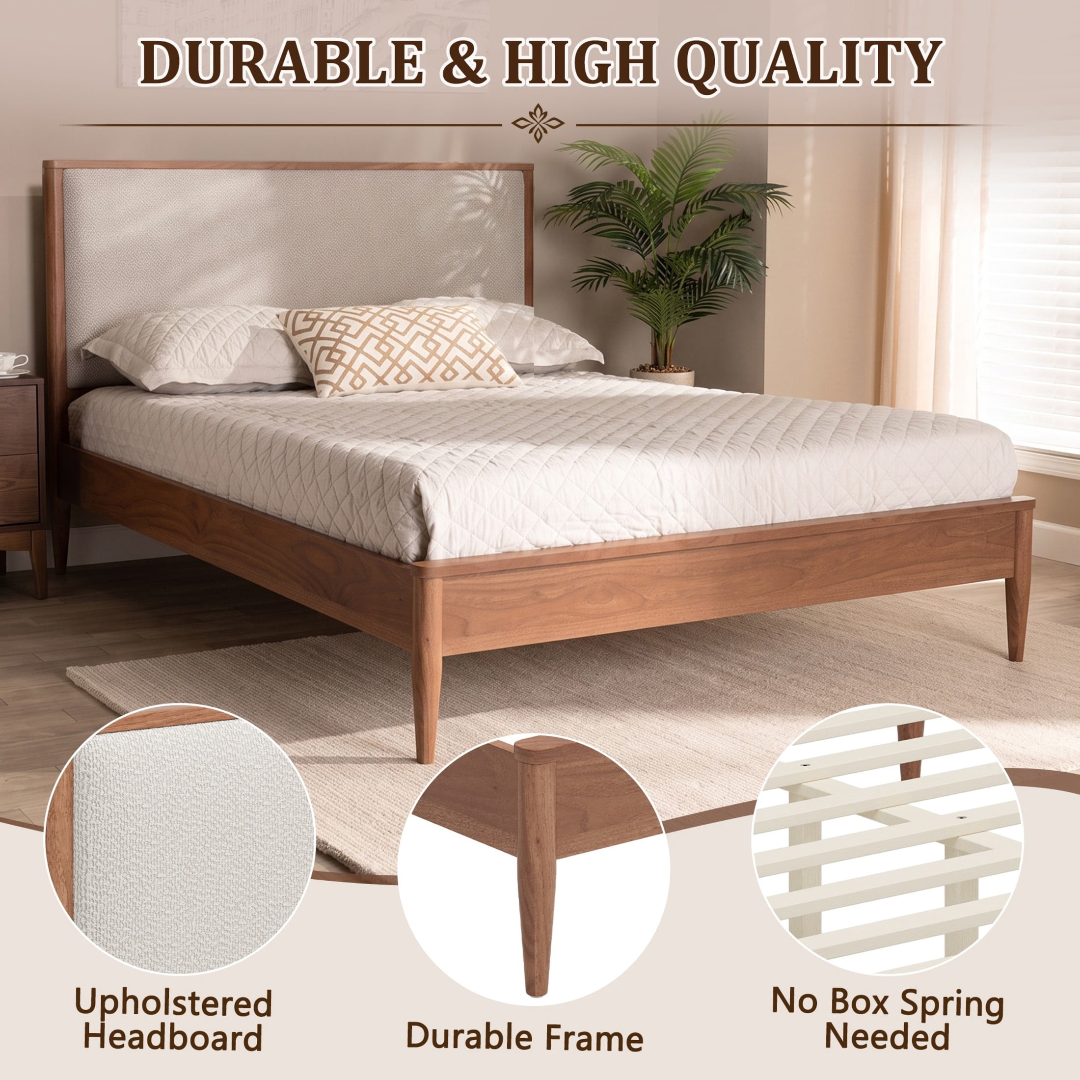 Christopher Knight Home Mid-Century King Platform Bed Frame with Boucle Upholstered Headboard, Walnut