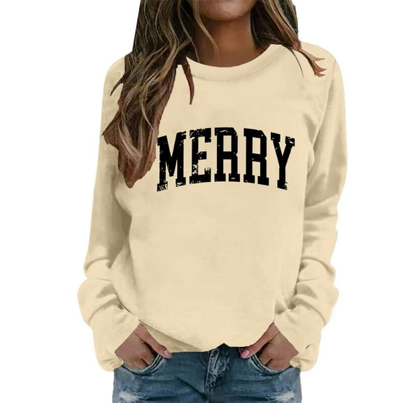 Women Merry Christmas Sweatshirts Xmas Letter Print Crewneck Tunic Tops Long Sleeve Holiday Party Pullover