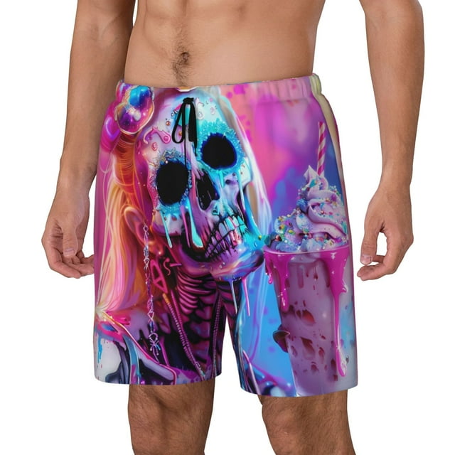 Lsque Neon Skull With Milkshake Pattern Mens Swim Trunks- Bathing Suit Compression Liner - Beach Swim Shorts Swimwear - (S-3XL) - Stretch Quick Dry-X-Large